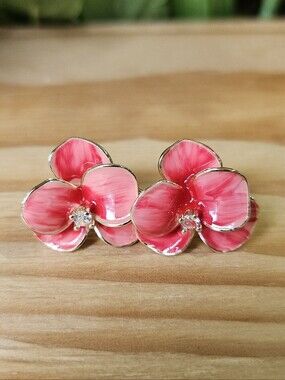 Pink Flower Stud Earrings - Gold Trim
